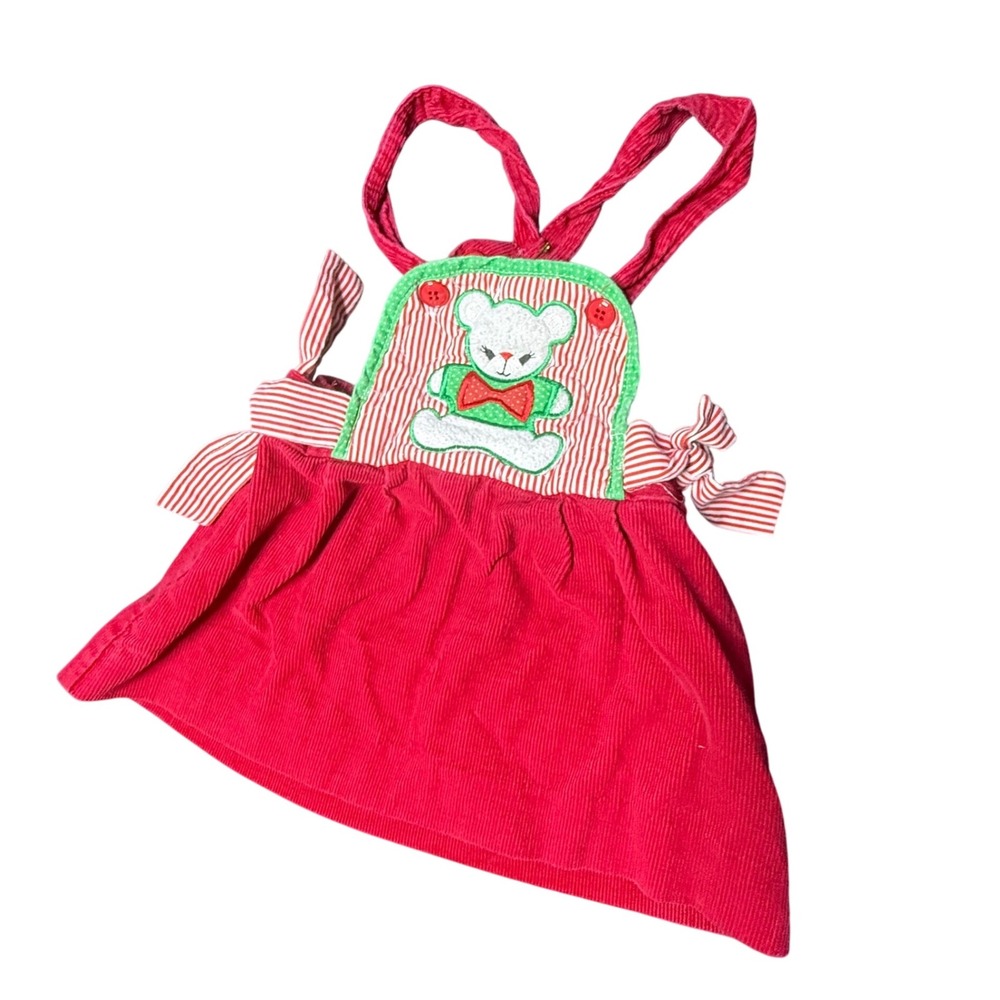 Vintage Hygenic Girl's Red Corduroy‎ Jumper Dress Teddy Bear Applique 24MO